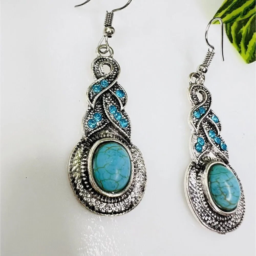 Teal Blue Faux Turquoise Ribbon Braided Rhinestone Silver Tone Dangle Earrings